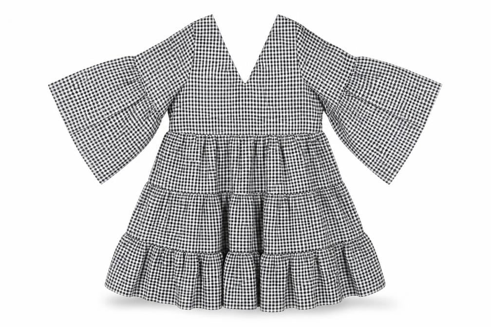 Front view of Boohoo women’s black gingham polyester a-line, size UK 12, v-neck