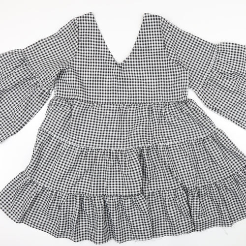 Boohoo Womens Black Gingham Polyester A-Line Size 12 V-Neck