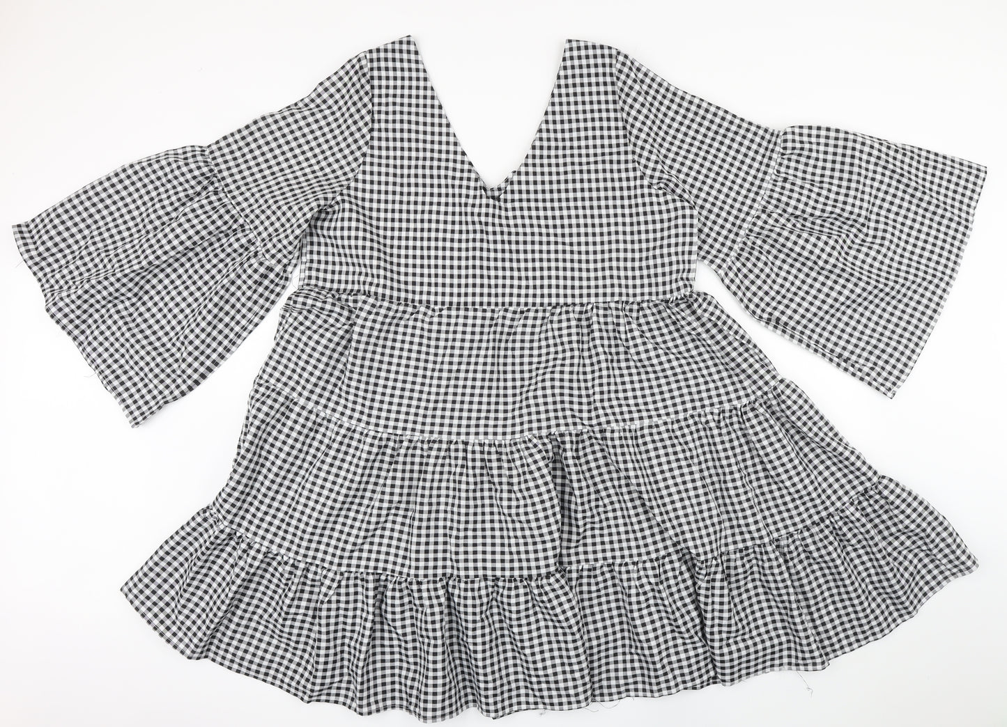 Boohoo Womens Black Gingham Polyester A-Line Size 12 V-Neck