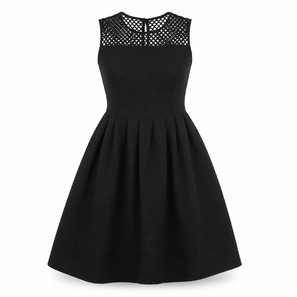 Front view of Marks & Spencer women’s black polyester a-line, size UK 8, boat neck button
