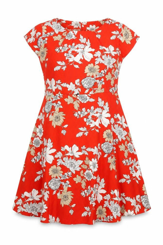 Front view of M&Co women’s red floral polyester blend a-line, size UK 20, boat neck