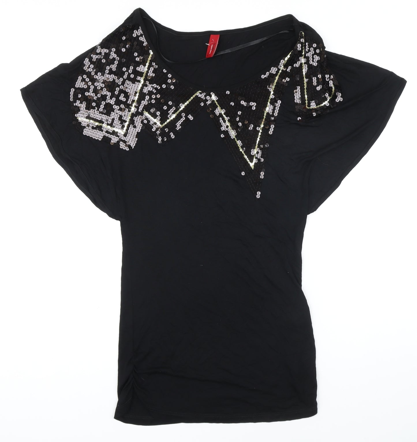 Vera Moda Womens Black Polyester Basic T-Shirt Size M Boat Neck - Sequined neckline