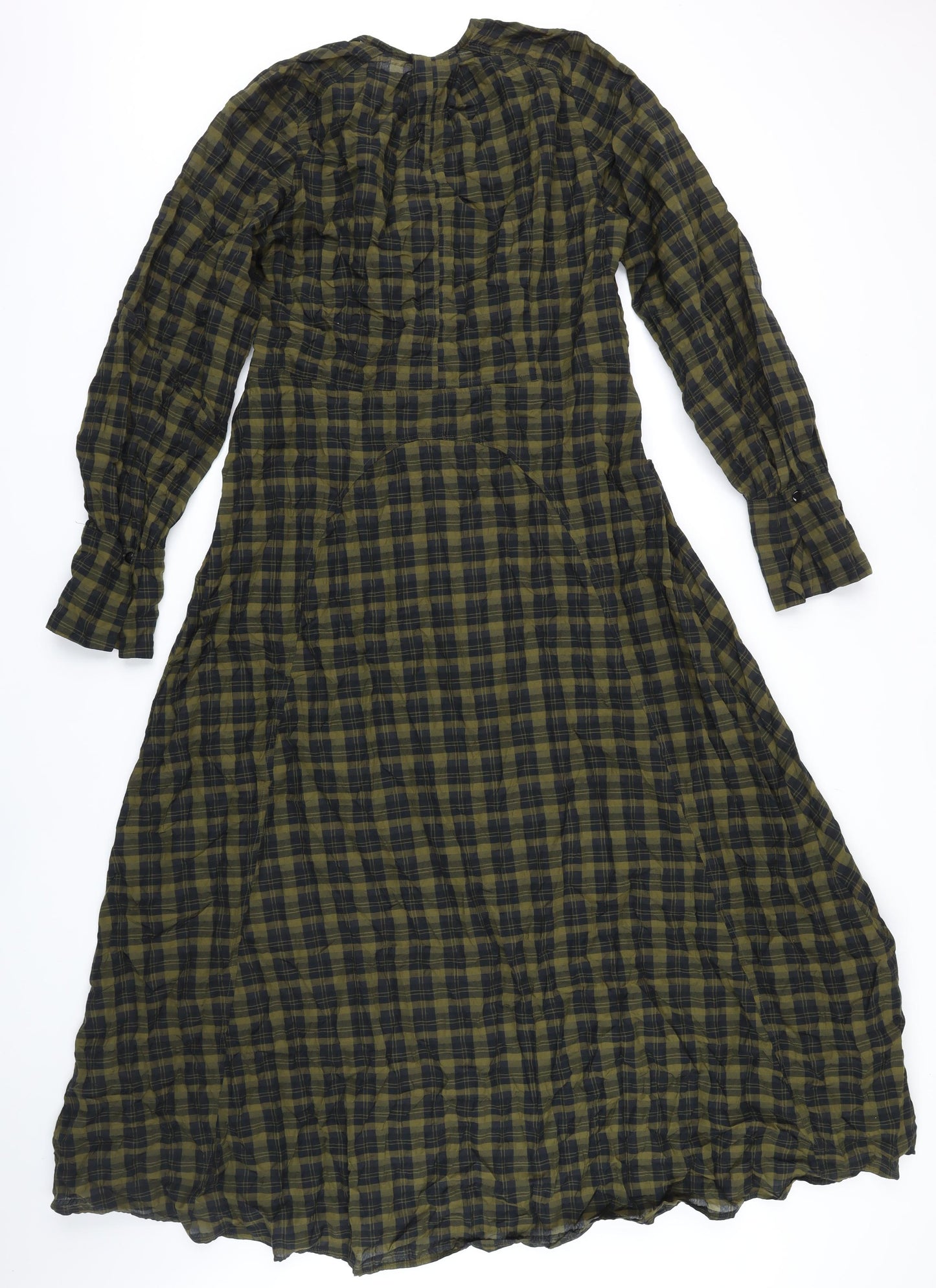 Top Shop Womens Green Check Polyester A-Line Size 14 Round Neck