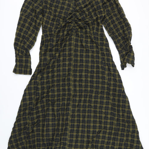 Top Shop Womens Green Check Polyester A-Line Size 14 Round Neck