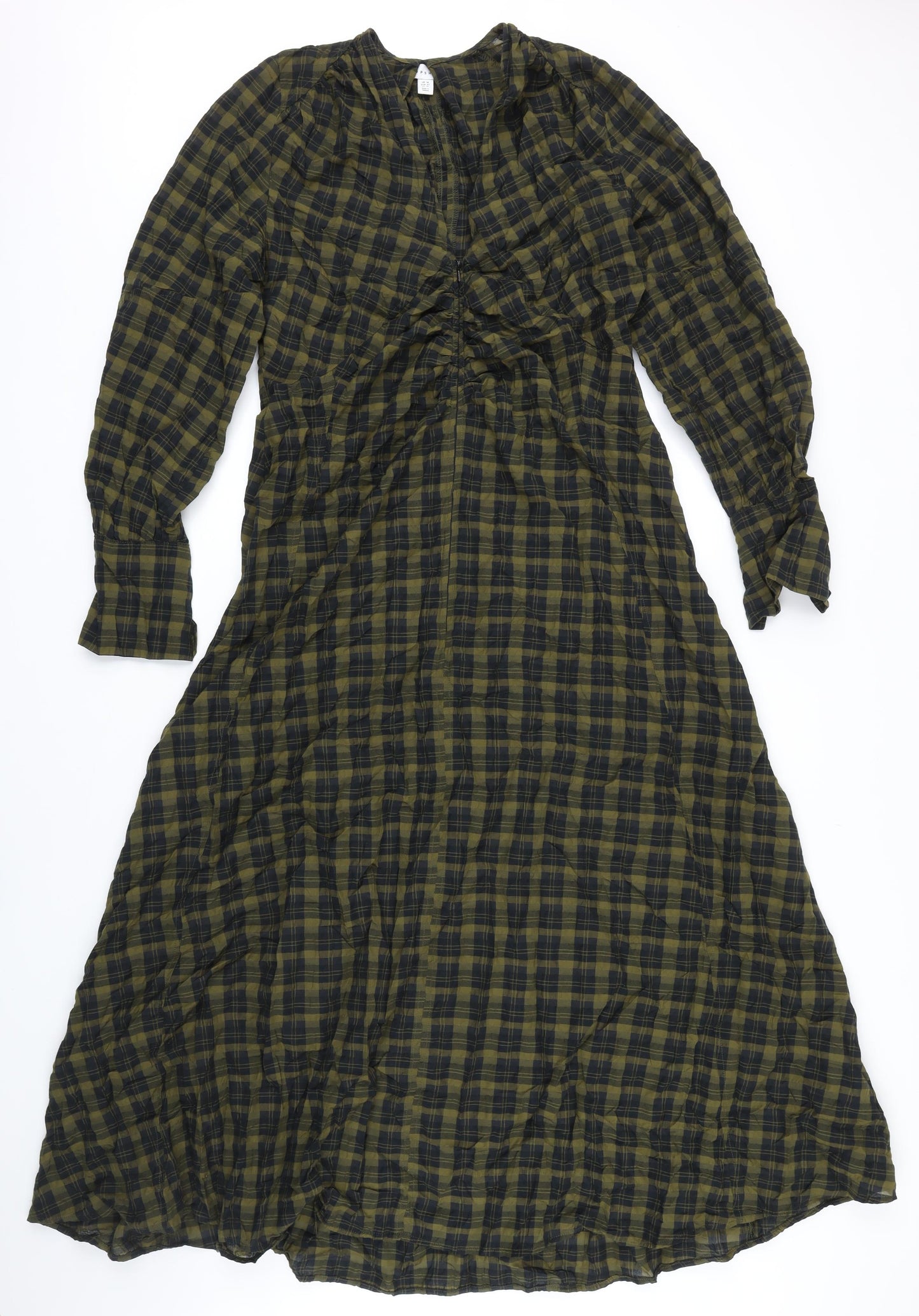 Top Shop Womens Green Check Polyester A-Line Size 14 Round Neck