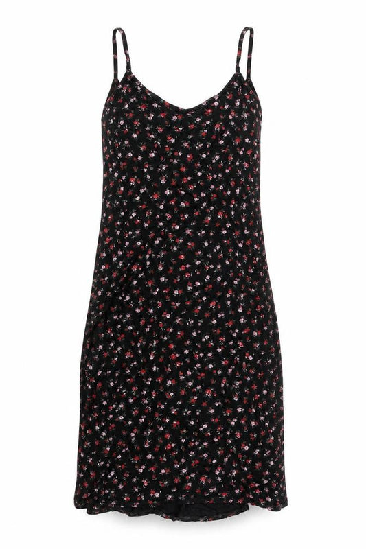 Front view of PRETTYLITTLETHING women’s multicoloured floral polyester tank dress, size UK 12, sweetheart - side splits