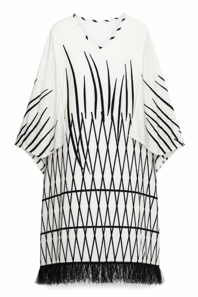 Front view of Moosta women’s ivory geometric polyester kaftan one size v-neck