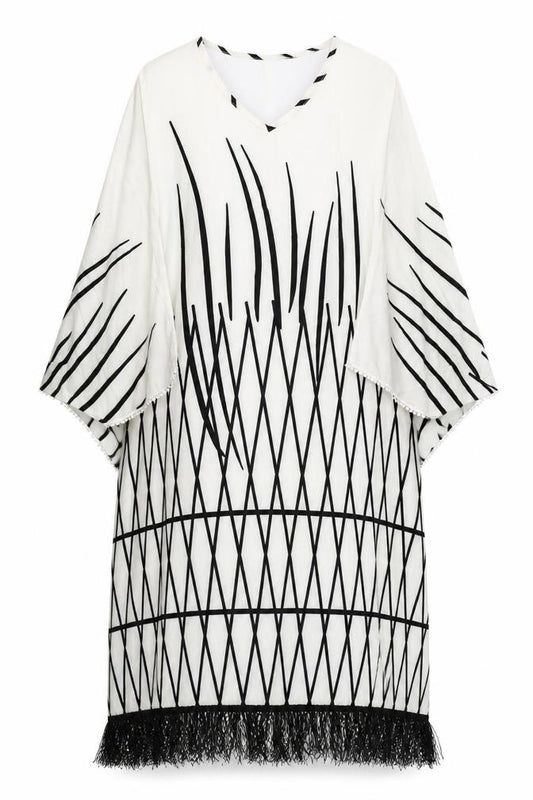 Front view of Moosta women’s ivory geometric polyester kaftan one size v-neck