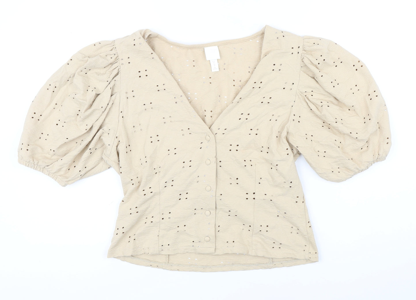 H&M Womens Beige Cotton Tunic Blouse Size M V-Neck