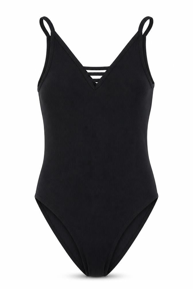 Front view of New Look women’s black polyester bodysuit one-piece, size UK 14, snap
