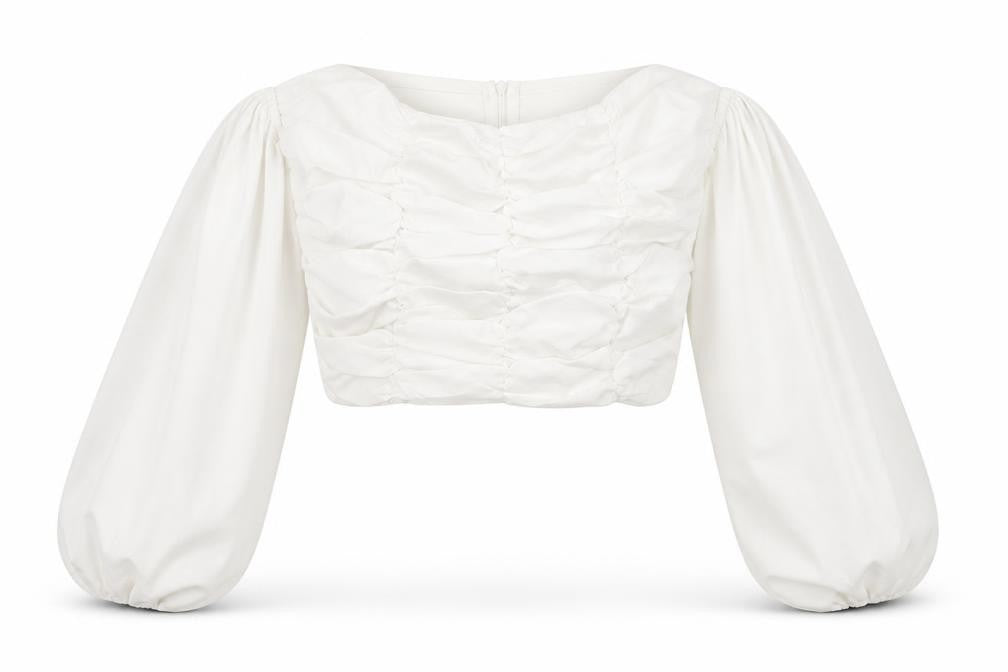 Front view of Boohoo women’s white polyester cropped blouse, size UK 6, square neck - cold shoulder