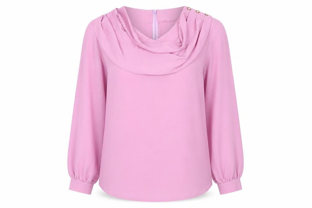 Front view of Konfektion women’s purple polyester tunic blouse, size UK 14, cowl neck