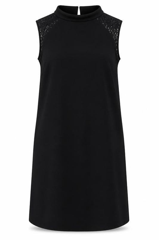 Front view of Next women’s black polyester tank dress, size UK 14, collared button - lace detail