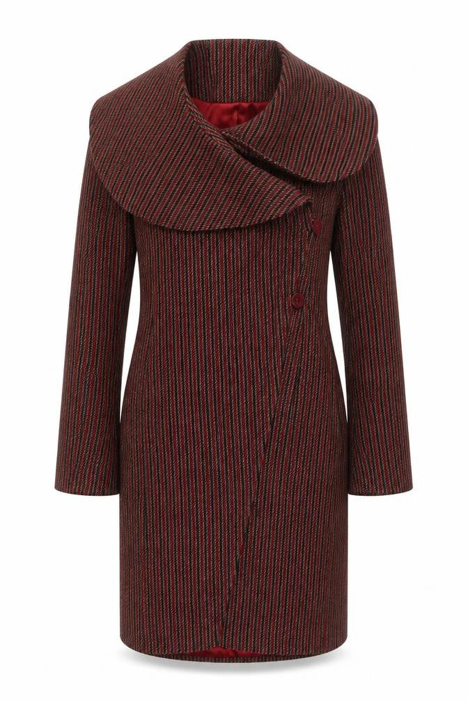 Front view of Topshop women’s red striped overcoat coat, size UK 10, button