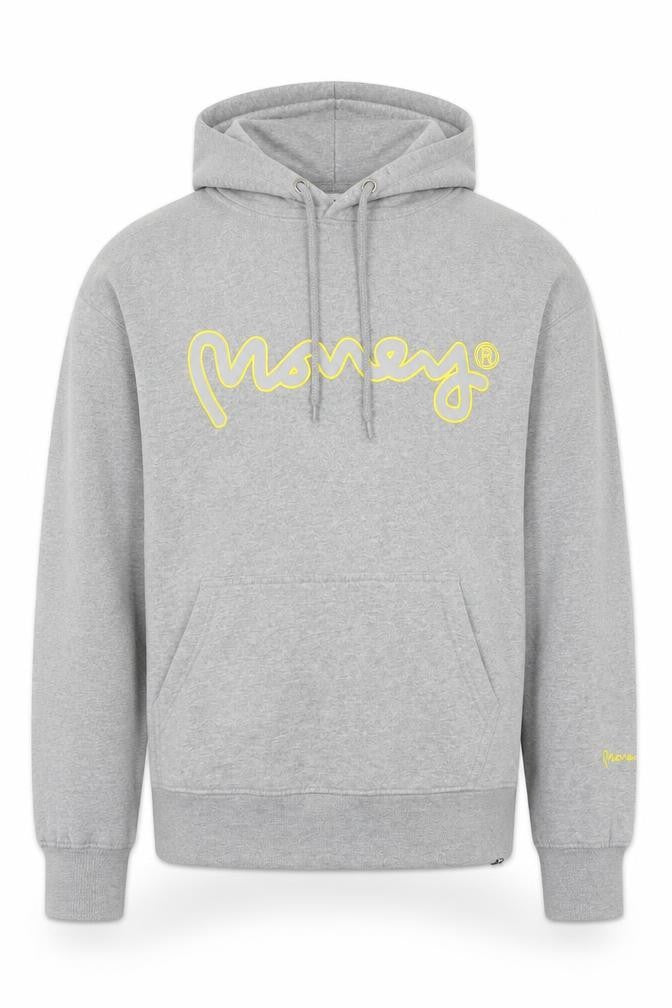 Front view of Money men’s grey cotton pullover hoodie, size M