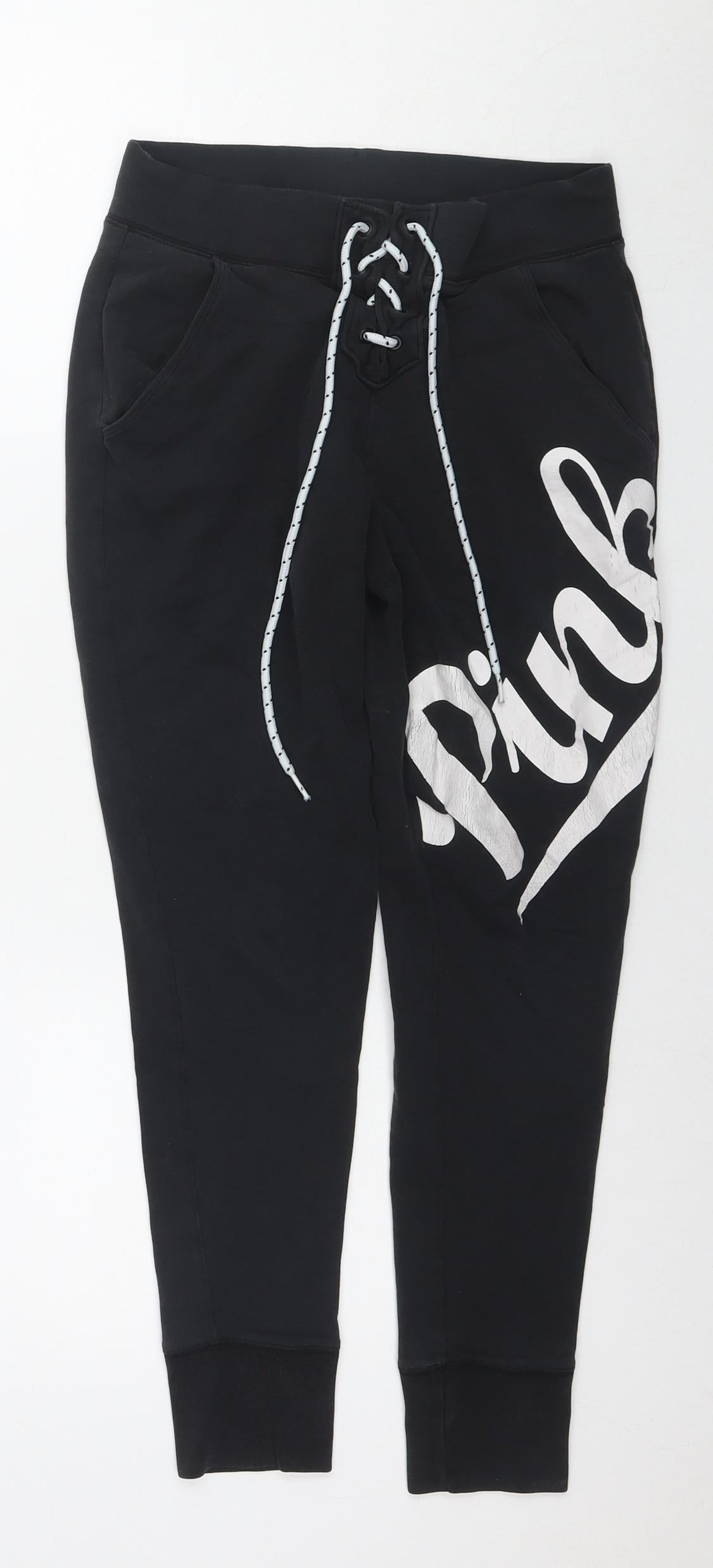 PINK Womens Black Cotton Jogger Trousers Size XS L24 in Regular Drawstring - Logo