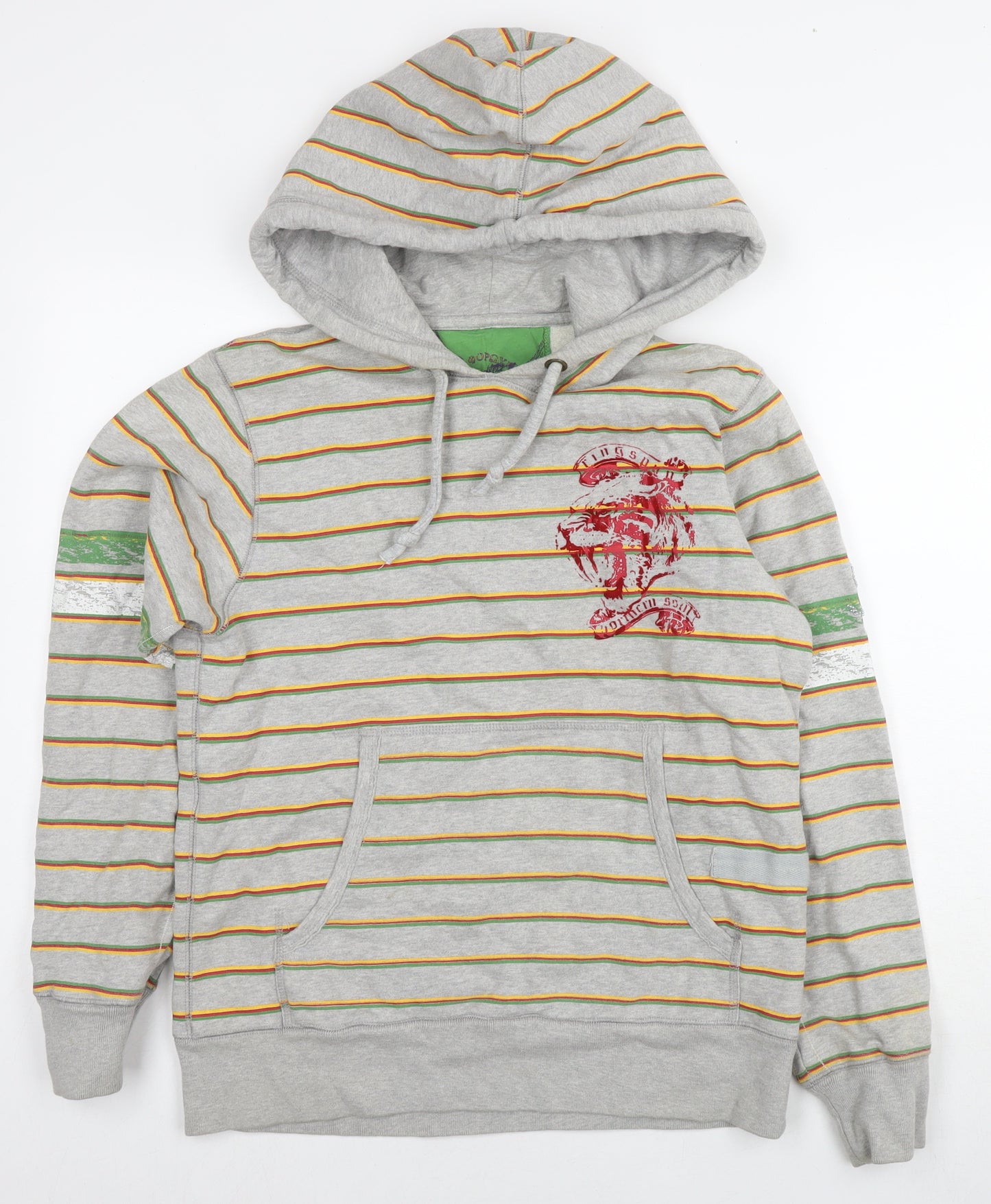Ringspun Mens Grey Striped Cotton Pullover Hoodie Size M - Logo Beaded Detail