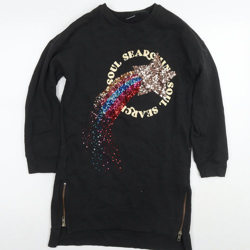 NEXT Girls Black Cotton Tunic Sweatshirt Size 11 Years Pullover - Sequin Detail Soul Surching