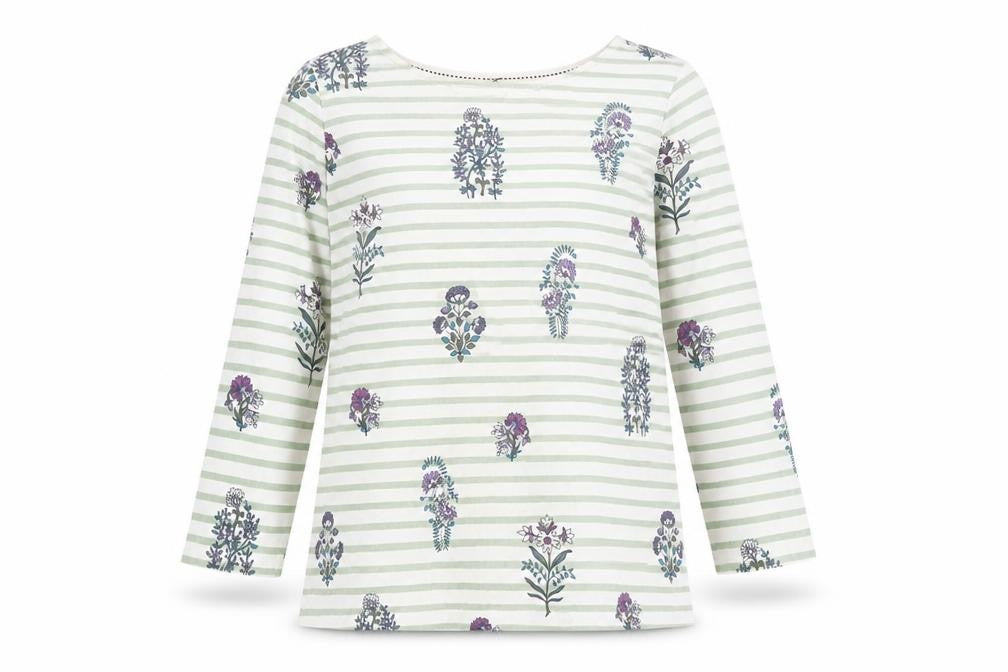 Front view of Autonomy women’s white striped cotton pullover hoodie, size S, pullover - flowers