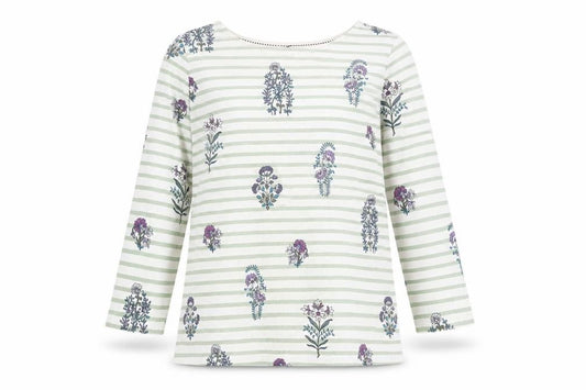 Front view of Autonomy women’s white striped cotton pullover hoodie, size S, pullover - flowers