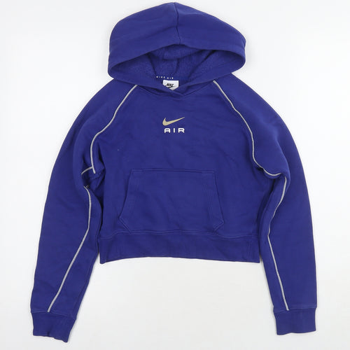 Nike Girls Blue Cotton Pullover Hoodie Size 9-10 Years Pullover - Age 9-11 Years Cropped Logo