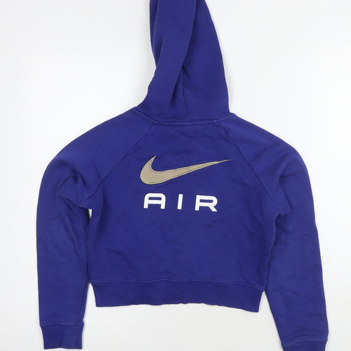 Nike Girls Blue Cotton Pullover Hoodie Size 9-10 Years Pullover - Age 9-11 Years Cropped Logo