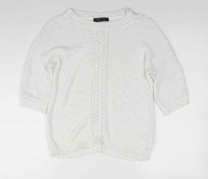 Latte Womens White Round Neck Cotton Pullover Jumper Size XL - Sequin Detail