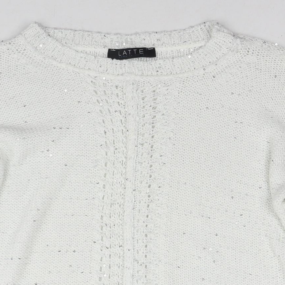 Latte Womens White Round Neck Cotton Pullover Jumper Size XL - Sequin Detail