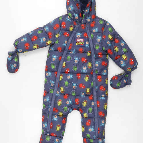 Marvel Boys Blue Geometric Windbreaker Snowsuit Size 9-12 Months Zip - Marvel Avengers Heroes
