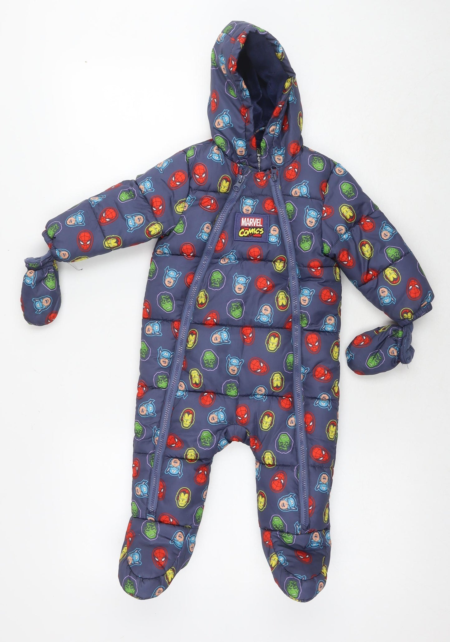 Marvel Boys Blue Geometric Windbreaker Snowsuit Size 9-12 Months Zip - Marvel Avengers Heroes