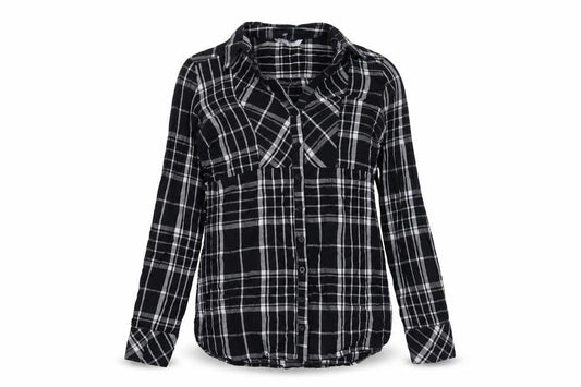 Front view of Red Herring women’s black plaid cotton basic button-up, size UK 12, collared