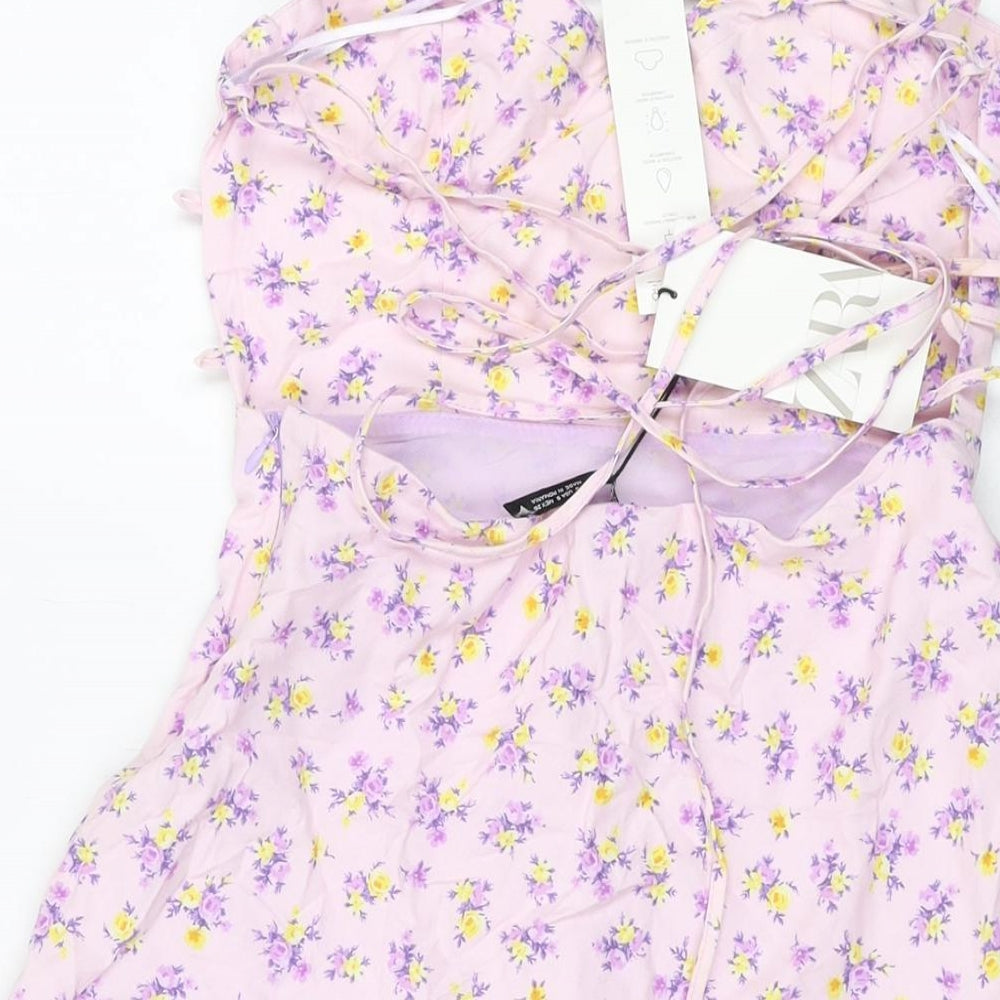 Zara Womens Purple Floral Polyester Mini Size S Sweetheart Zip