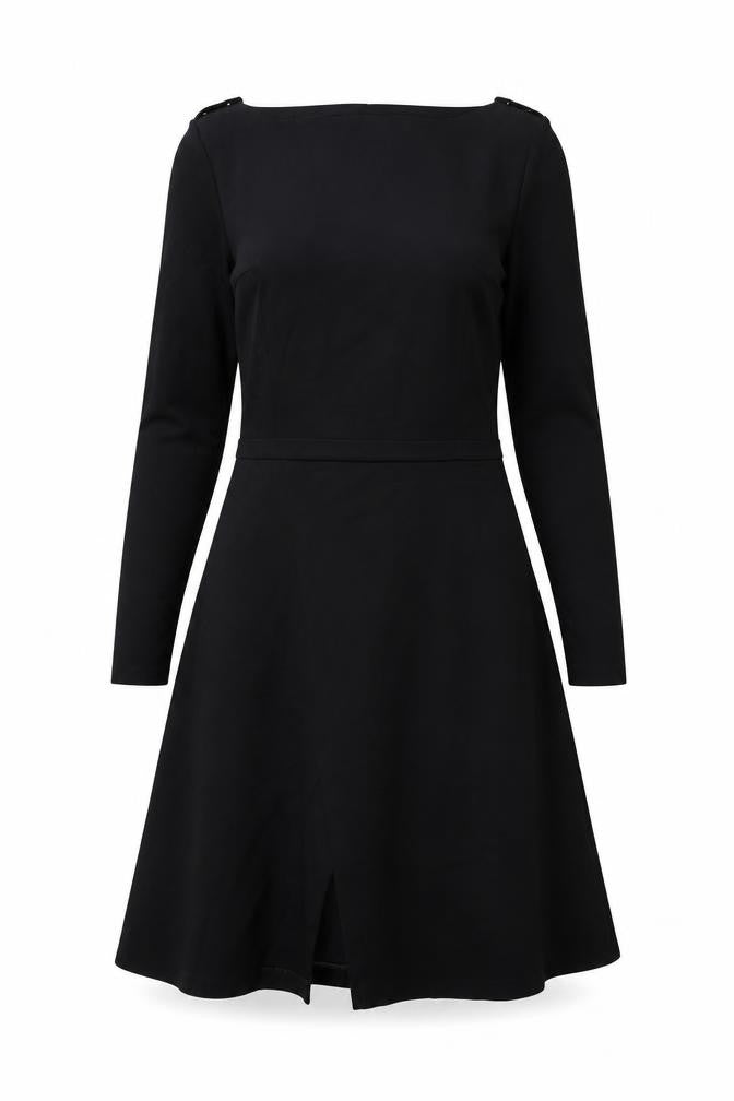 Front view of Laura Clement women’s black viscose a-line, size UK 12, round neck zip