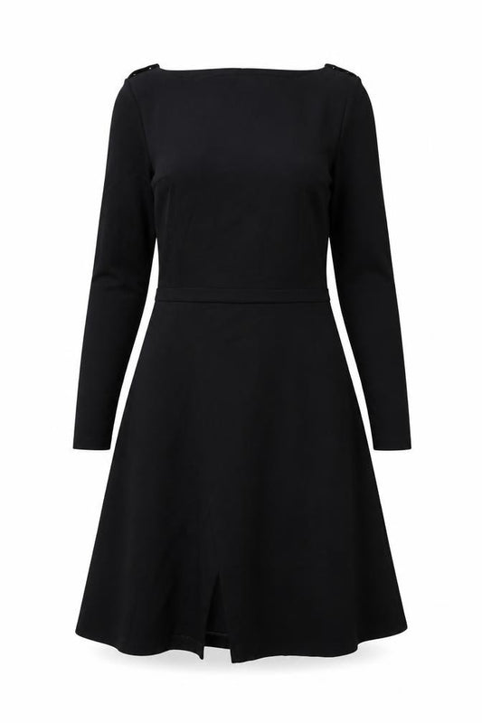 Front view of Laura Clement women’s black viscose a-line, size UK 12, round neck zip