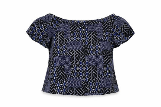 Front view of New Look women’s black geometric polyester basic blouse, size UK 12, square neck