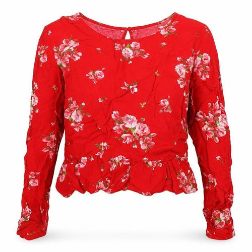 H&M Womens Red Floral Viscose Cropped Blouse Size 8 Round Neck