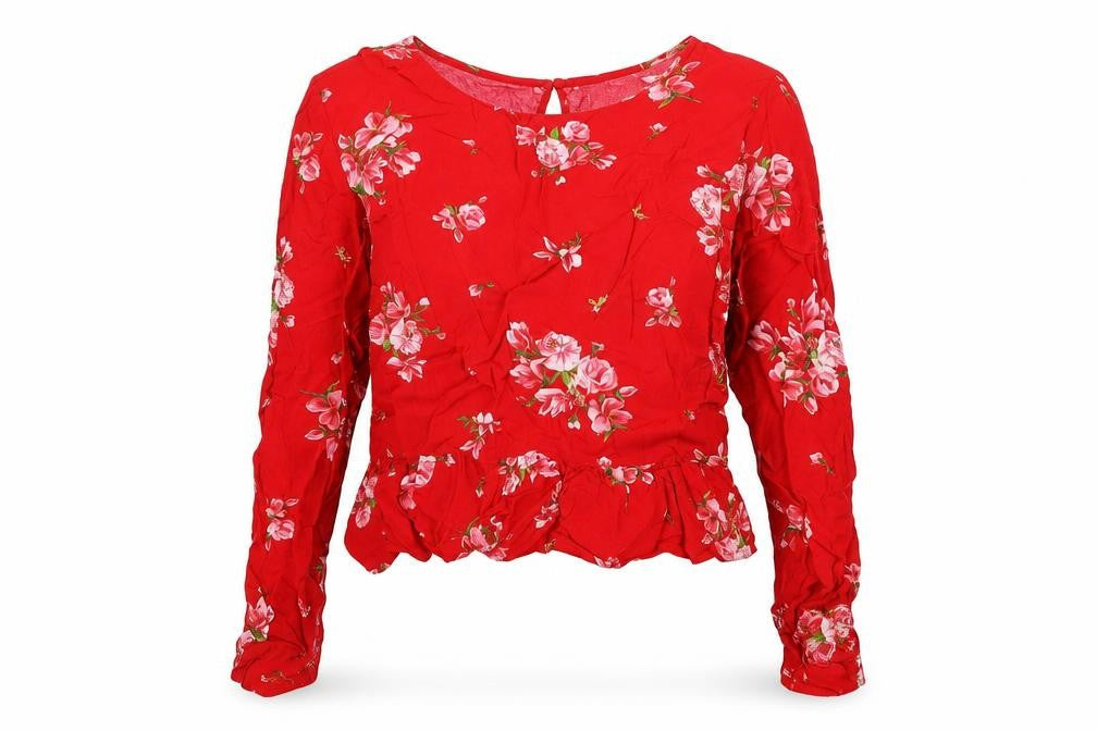 H&M Womens Red Floral Viscose Cropped Blouse Size 8 Round Neck