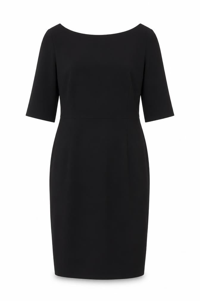 Front view of Laura Clement women’s black polyester sheath, size UK 12, round neck zip