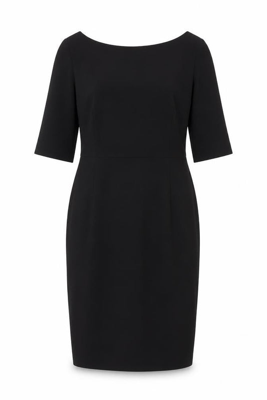 Front view of Laura Clement women’s black polyester sheath, size UK 12, round neck zip