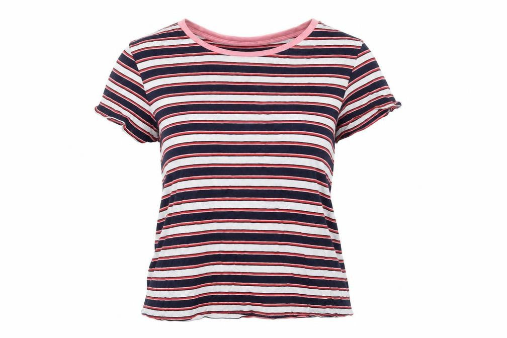 Front view of Monki women’s multicoloured striped cotton basic t-shirt, size S, crew neck