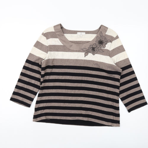 CC Womens Brown Striped Cotton Basic T-Shirt Size L Round Neck