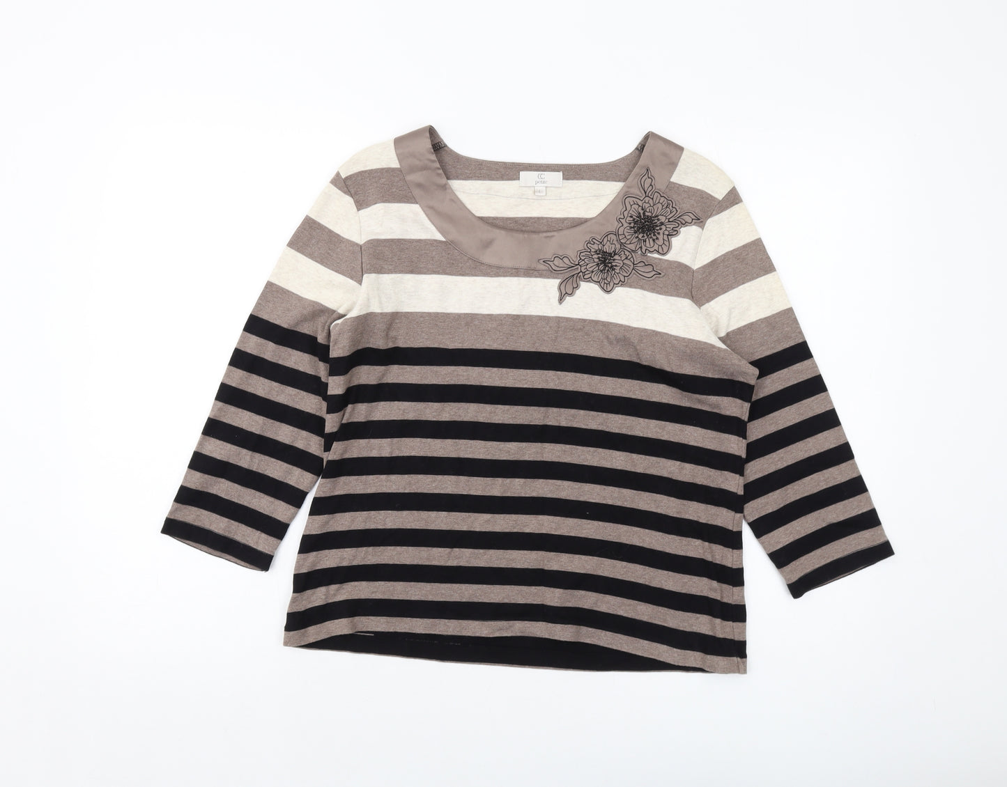 CC Womens Brown Striped Cotton Basic T-Shirt Size L Round Neck