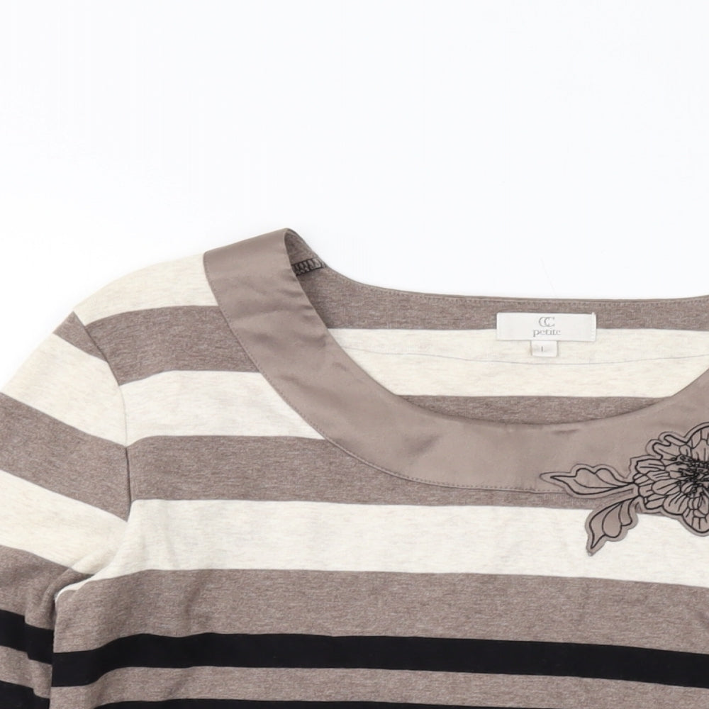CC Womens Brown Striped Cotton Basic T-Shirt Size L Round Neck