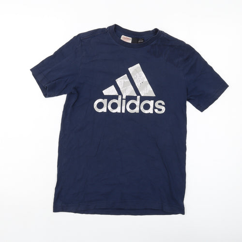 adidas Boys Blue Herringbone Cotton Basic T-Shirt Size 11-12 Years Crew Neck Pullover