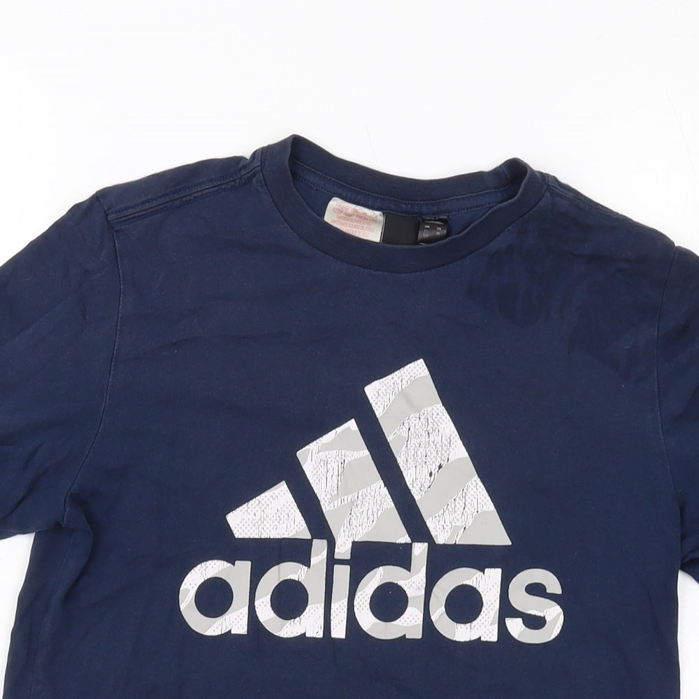 adidas Boys Blue Herringbone Cotton Basic T-Shirt Size 11-12 Years Crew Neck Pullover