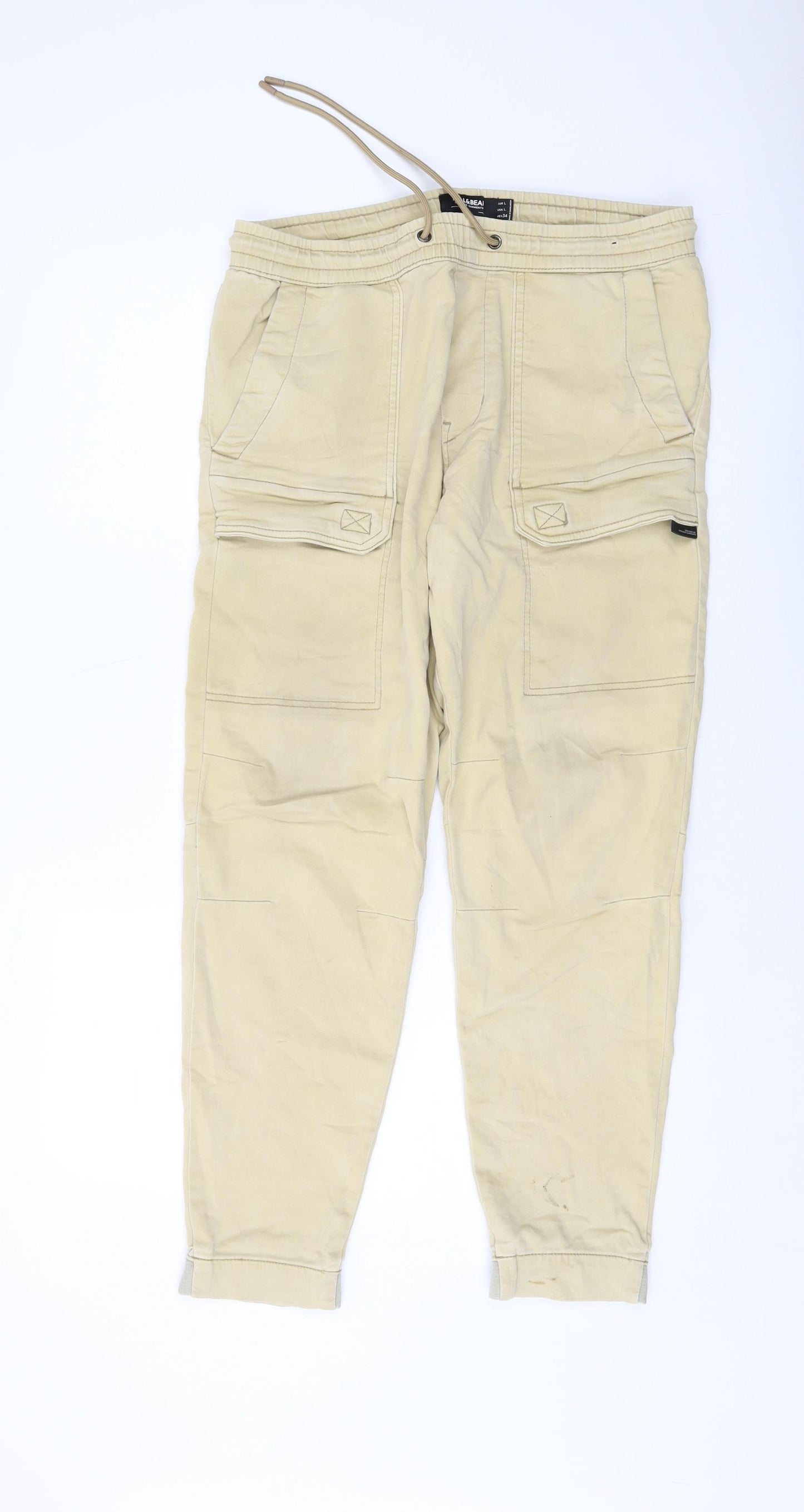 Pull&Bear Mens Beige Cotton Trousers Size L L28 in Regular Drawstring