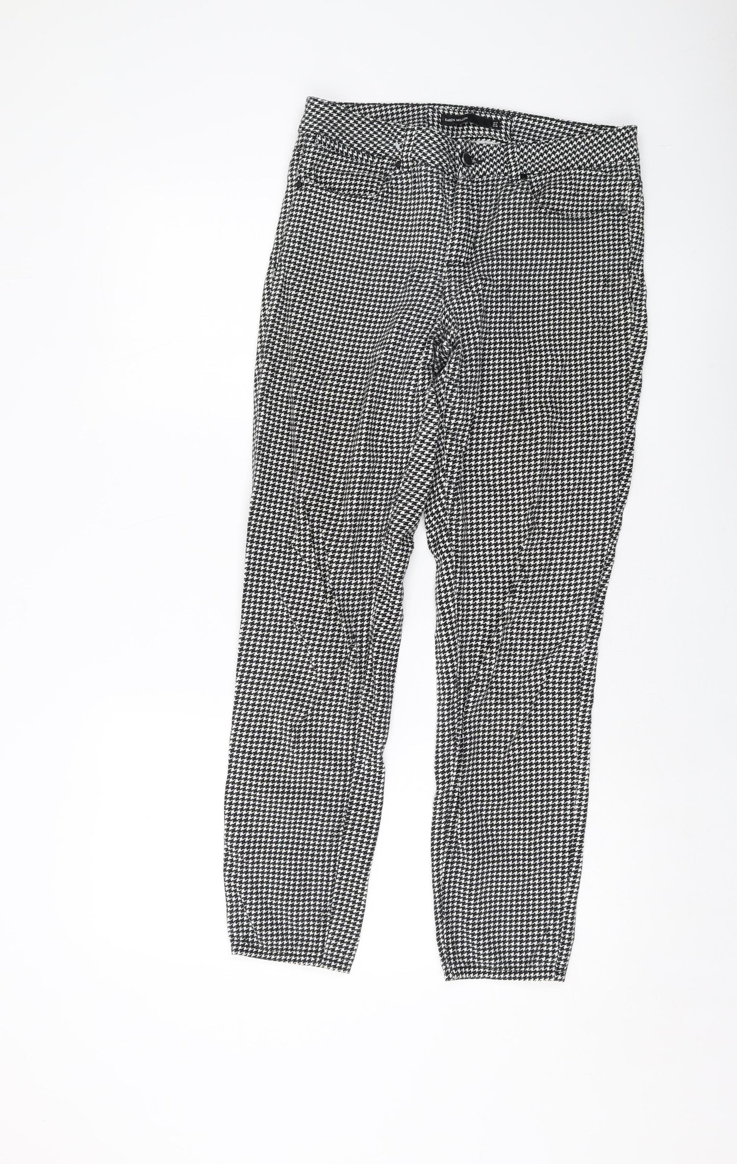 Karen Millen Womens Black Geometric Cotton Trousers Size 10 L27 in Regular Button