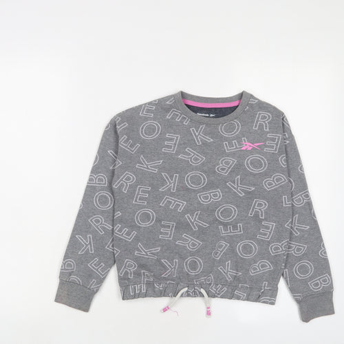 Reebok Girls Grey Geometric Cotton Pullover Sweatshirt Size 10-11 Years Pullover - Logo
