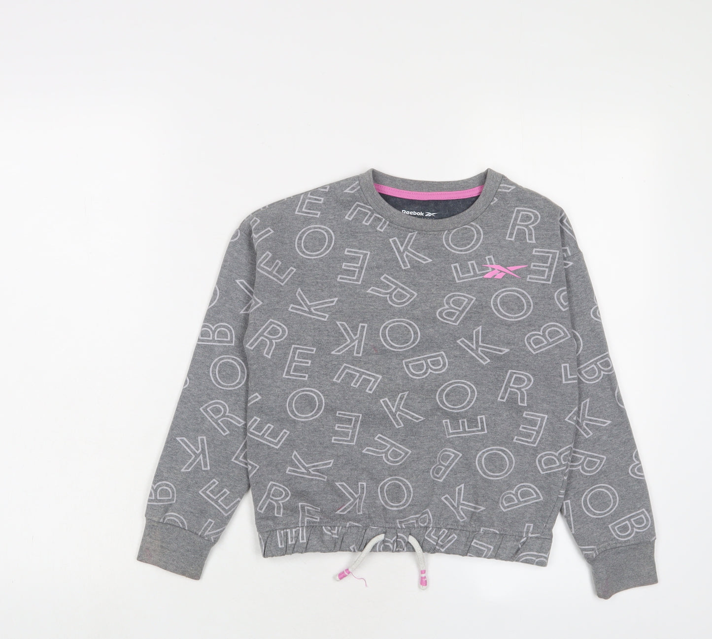 Reebok Girls Grey Geometric Cotton Pullover Sweatshirt Size 10-11 Years Pullover - Logo