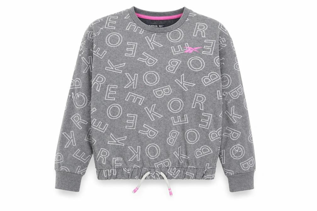 Front view of Reebok girls’ grey geometric cotton pullover sweatshirt, size 10-11, years pullover - logo